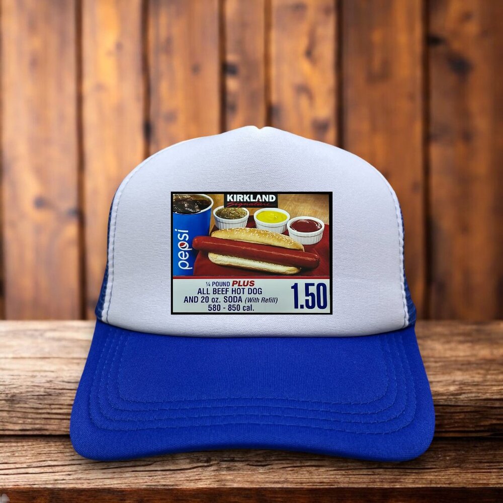 Costco Hot Dog Mens Trucker Hat Blue $1.50 Combo Kirkland Funny Meme Ball Cap